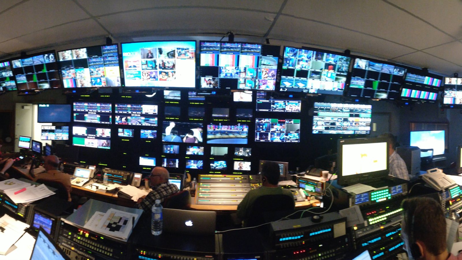 A broadcast control room monitor wall in full operation during the Rio Olympic Games