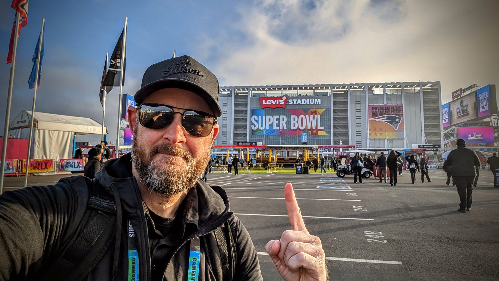 Brian Johnston outside Levi's Stadium on Super Bowl LX game day