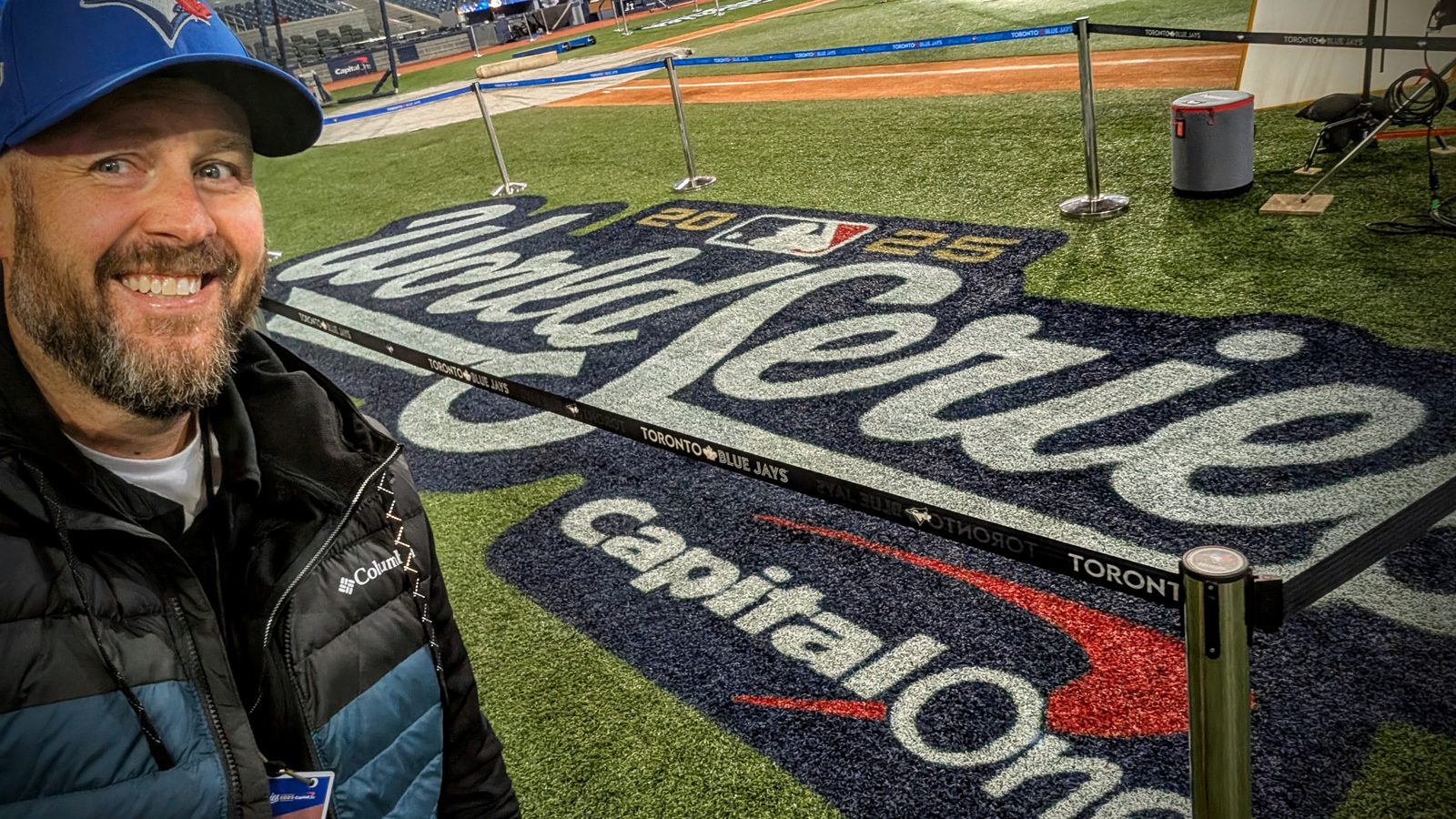 Brian Johnston on the field at Rogers Centre before a 2025 World Series game